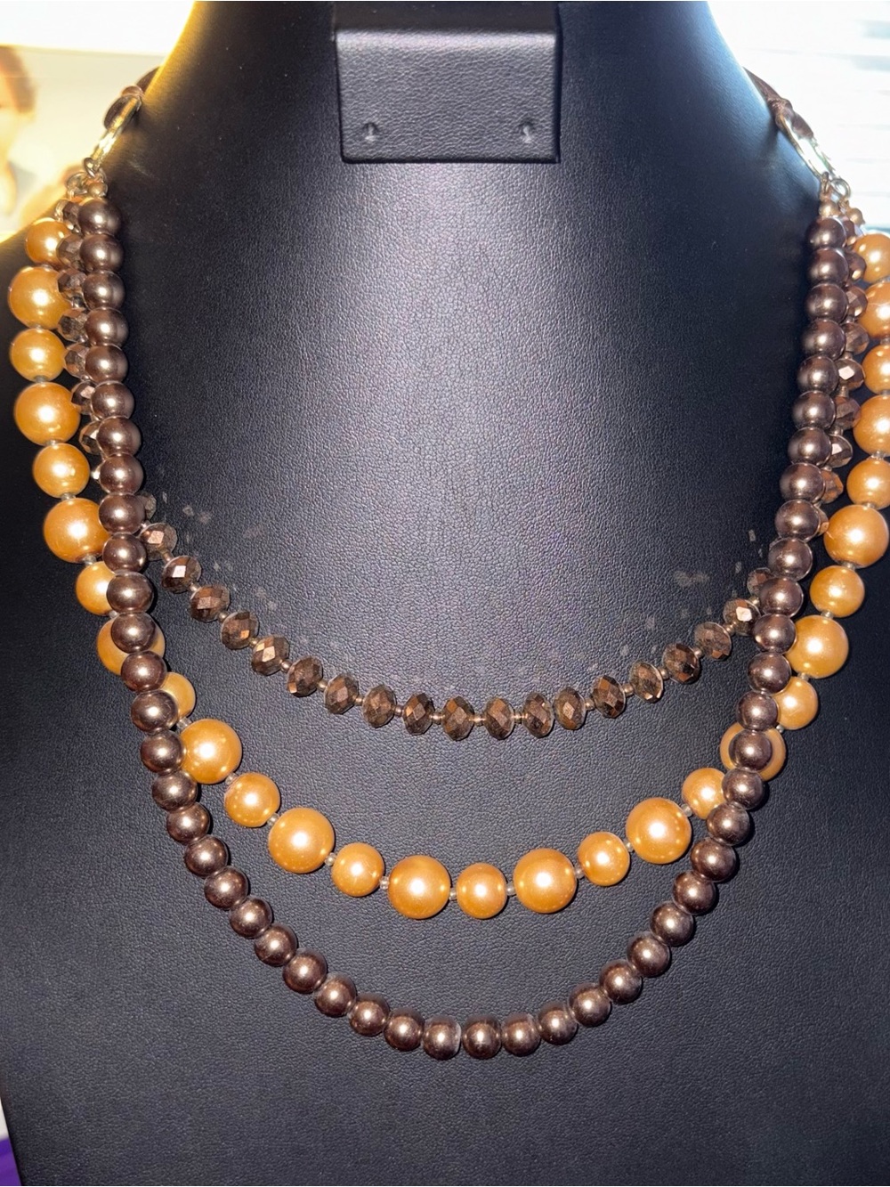Three-Strand Brown and Amber Beaded Necklace